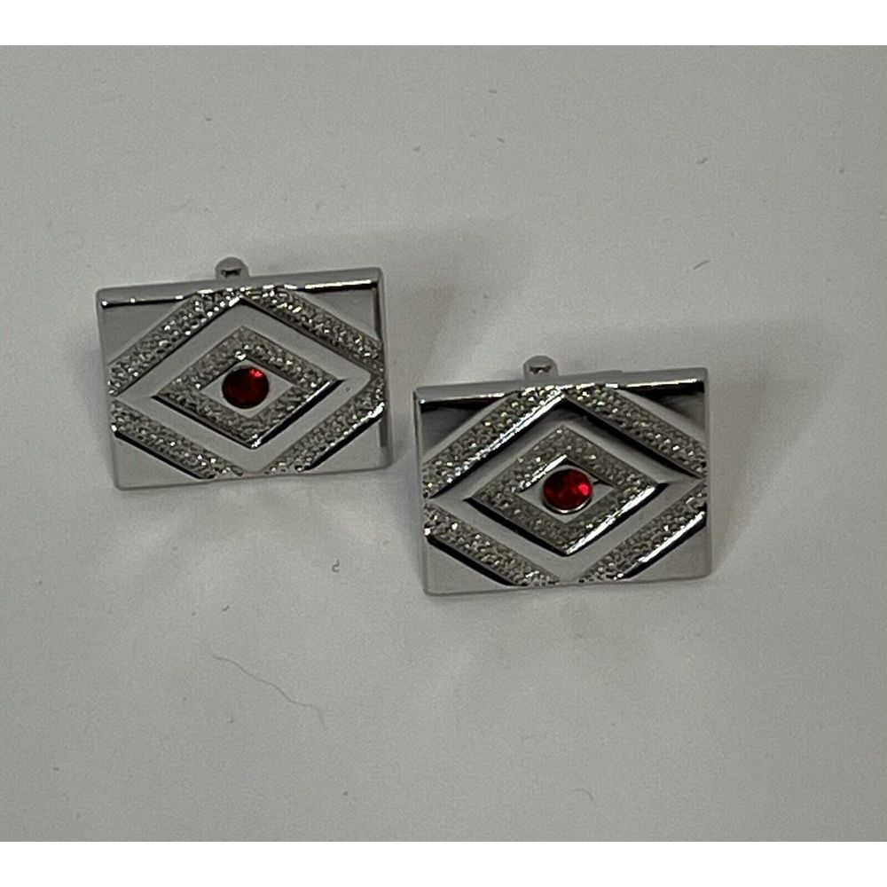 Vintage‎ Swank Silver Colored Red rhinestone Rectangle Cufflinks